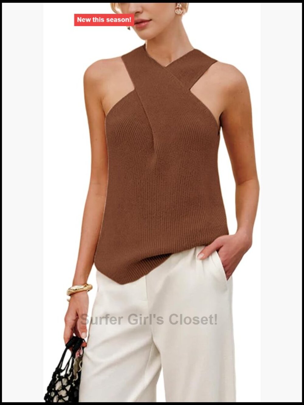 Women Halter Cross Front Knit Tank Sleeveless Summer Top Soft Stretchy